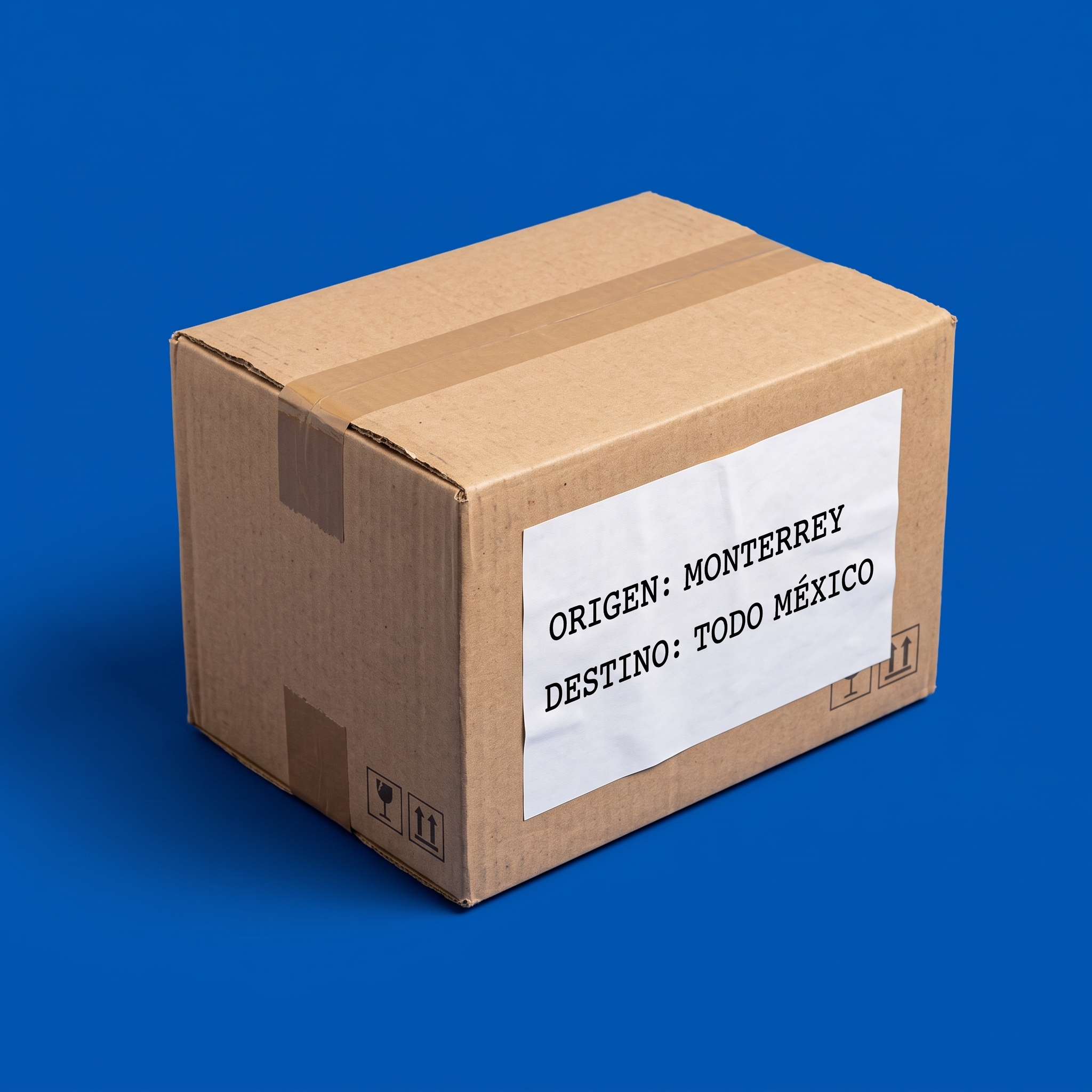 Caja de envío con una etiqueta que dice: origen Monterrey, destino todo México